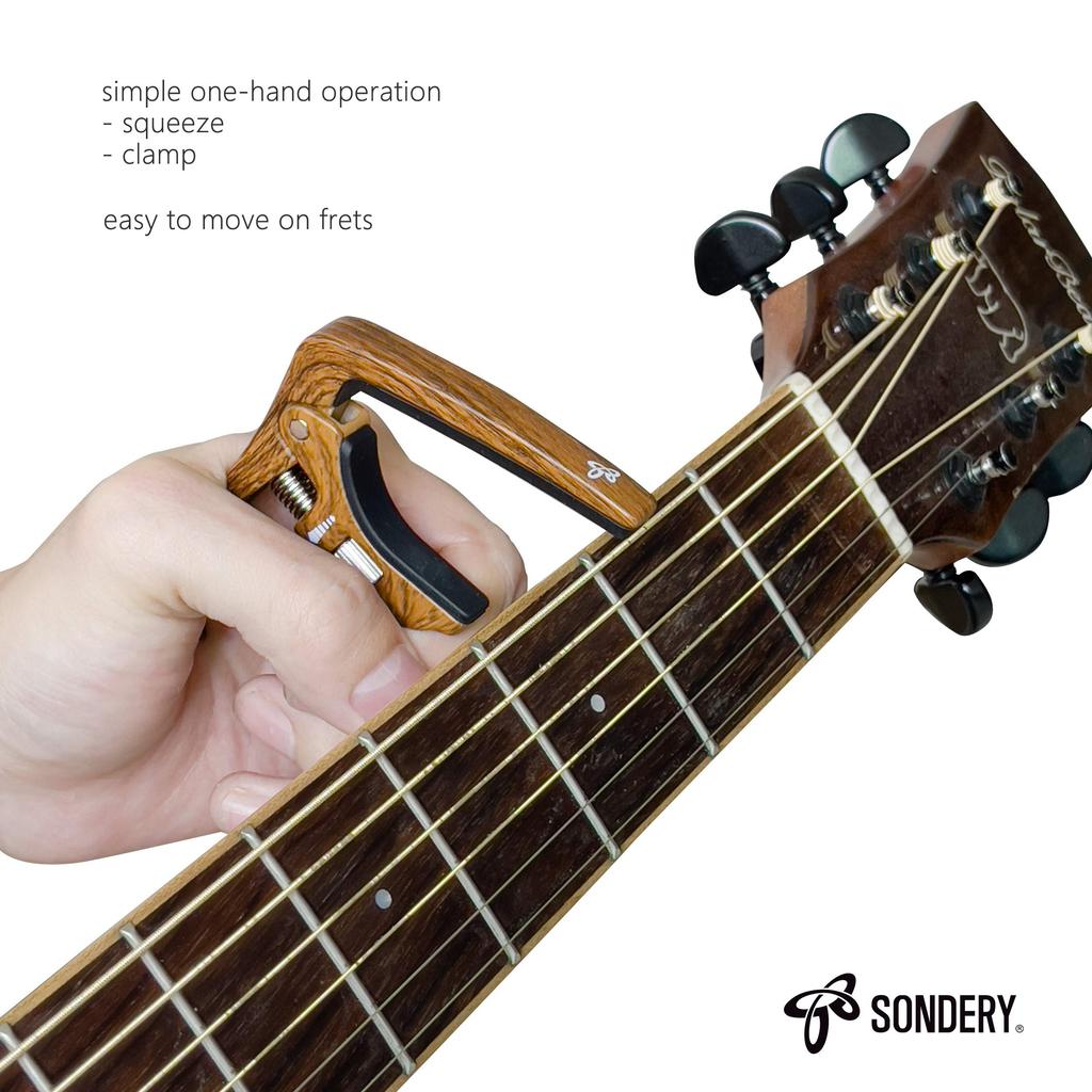 SONDERY Capo for Acoustic and Electric Adjustable Trigger Bridge Pin Removal Wood Grain Quick Change 6-String Guitars, Tension, Function, Finish,