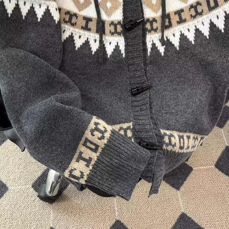 Unisex Fair Isle Horn Button Hooded Knit Cardigan Coat - Autumn/Winter Korean Style