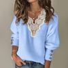 Women Autumn Winter T Shirts Long Sleeve Sexy Lace Patchwork V Neck Buttons Sweater Jumper  Mesh Design Fashion Hollow Out Tops