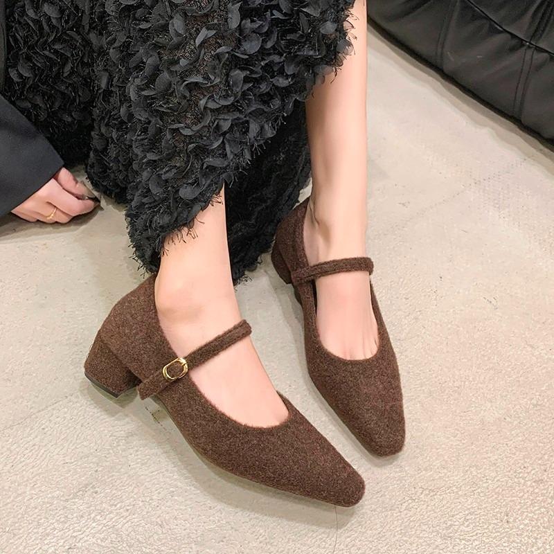 Fashion Women's Thick Heel Cotton Shoes Winter New Square Head Shallow Mouth Suede One Word Buckle Non-slip Low-top Shoes