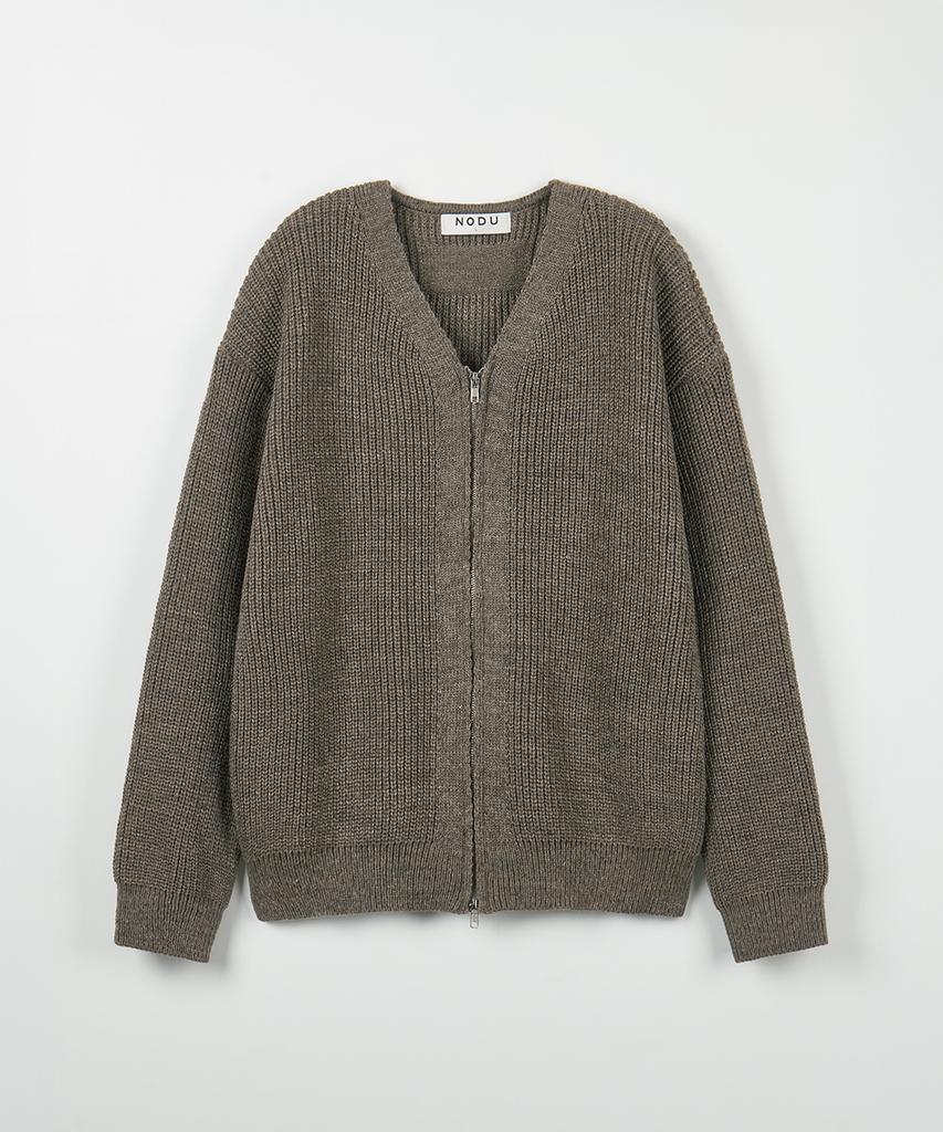 NODU Essential V-Neck Knit Zip-Up Cardigan [Dark Beige]