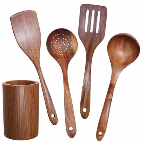 Oikabio Wooden Utensils with Stand, Teak Kitchen Cookware Set, Ideal for Non-Stick Cookware, Wooden Shovel Spoons for Cooking, 5 Pieces