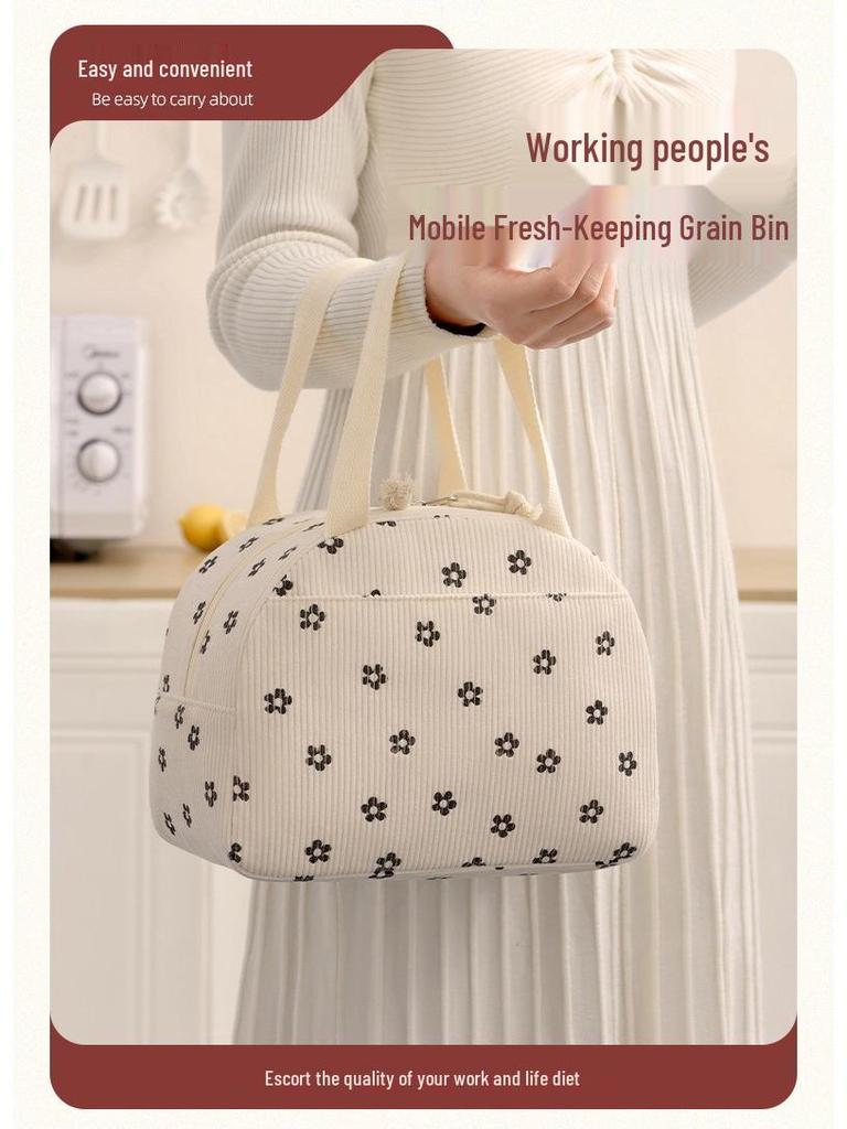 Large Capacity Corduroy Bento Bag for Work and School - Insulated and Portable with Strap