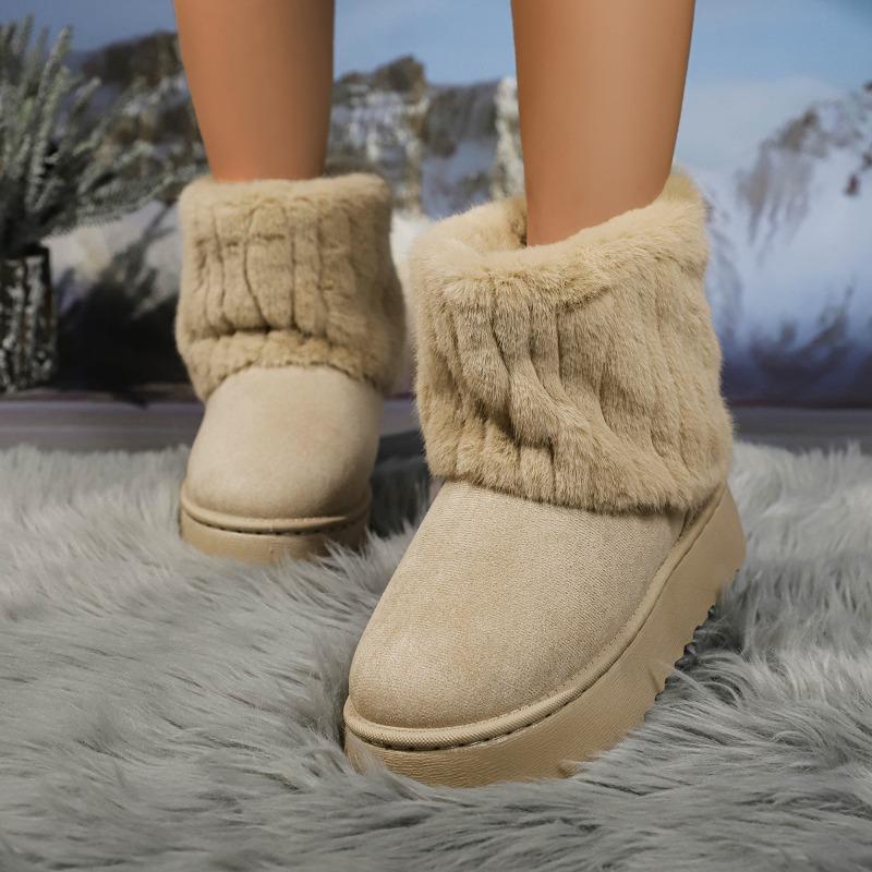 Women's Thick-Soled Snow Boots 2025 Winter New Style Fashionable Fleece-Lined Warm Mid-Calf Boots Turned-Up Legs with Fur Trim