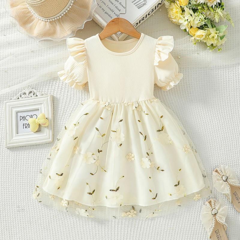 Baby Girls Princess Dress Long Sleeve Mesh Embroidery Bow Party Gown Fall