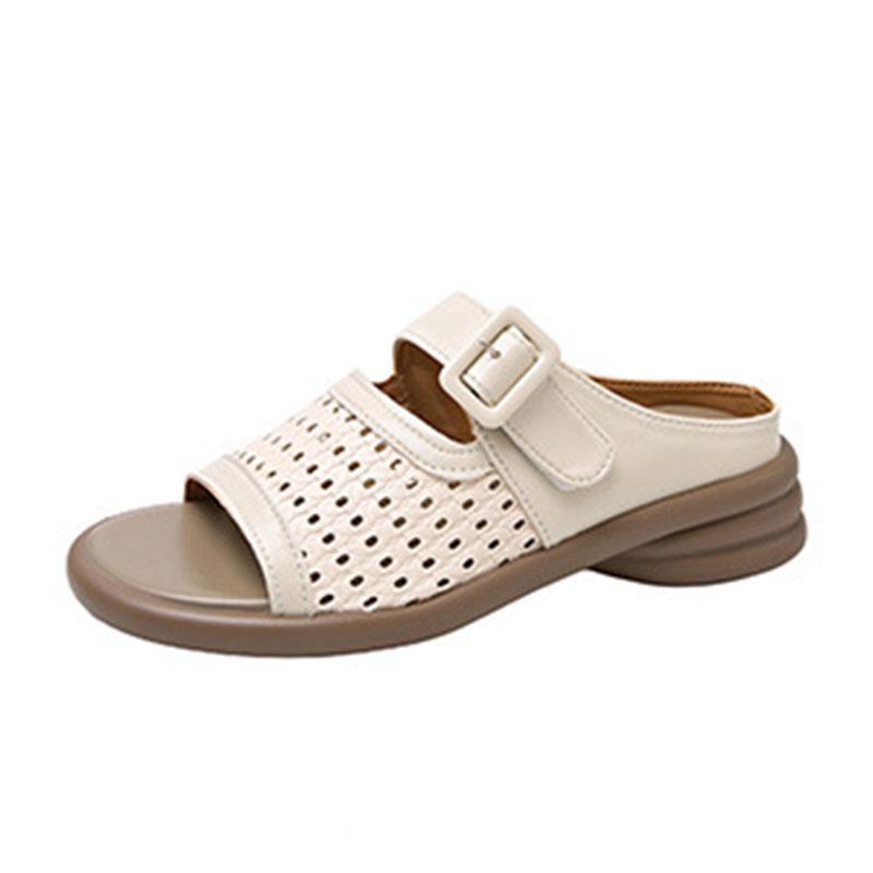 Fashion Large Size Hollow Slipper Summer Shoes for Women Chunky Middle Heel Retro Belt Buckle Breathable Leisure Outside Wear Slides