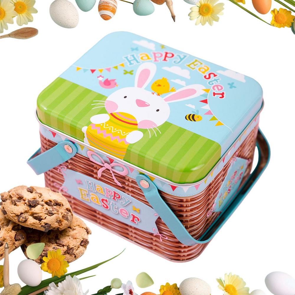 Cookie Tins With Lids Metal Storage Basket With Handle Rabbit Pattern Easter Cookie Boxes For Storage Food Jewelry Spring