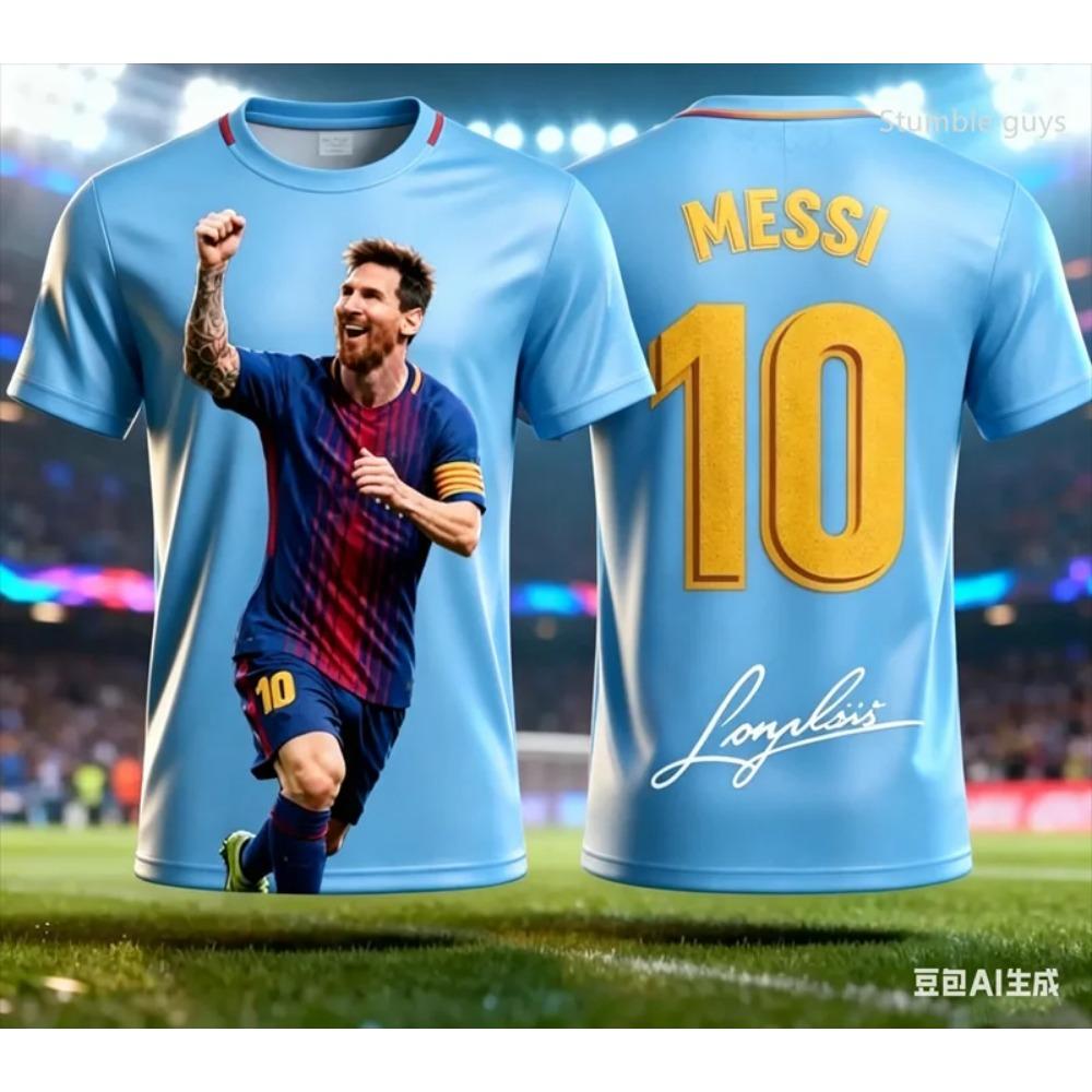 Sommer Messi Print Stickerei Kinderkleidungsset Fußballtrikot T-Shirt. Locker und bequem Geeignet für den täglichen Gebrauch