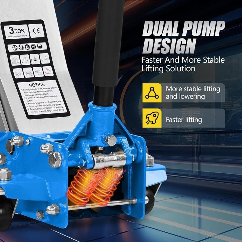 

3 Ton Low Profile Floor Jack with Dual Pistons Lifting Range 2.95 to 20.1 Horizontal Hydraulic for Garage Workshop and Vehicle