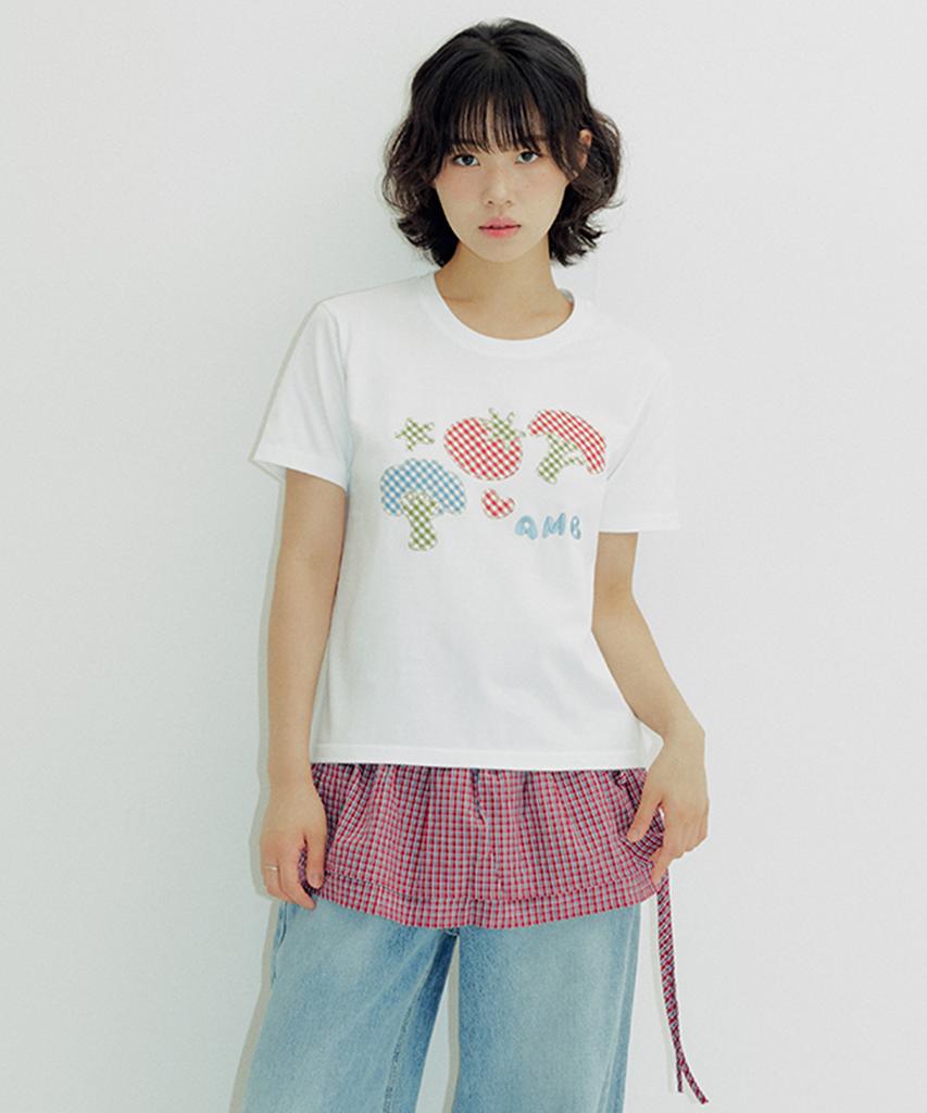 AMBLER Tomato Broccoli Duo Patch Check Patch Short Sleeve T-Shirt As1224 (White)
