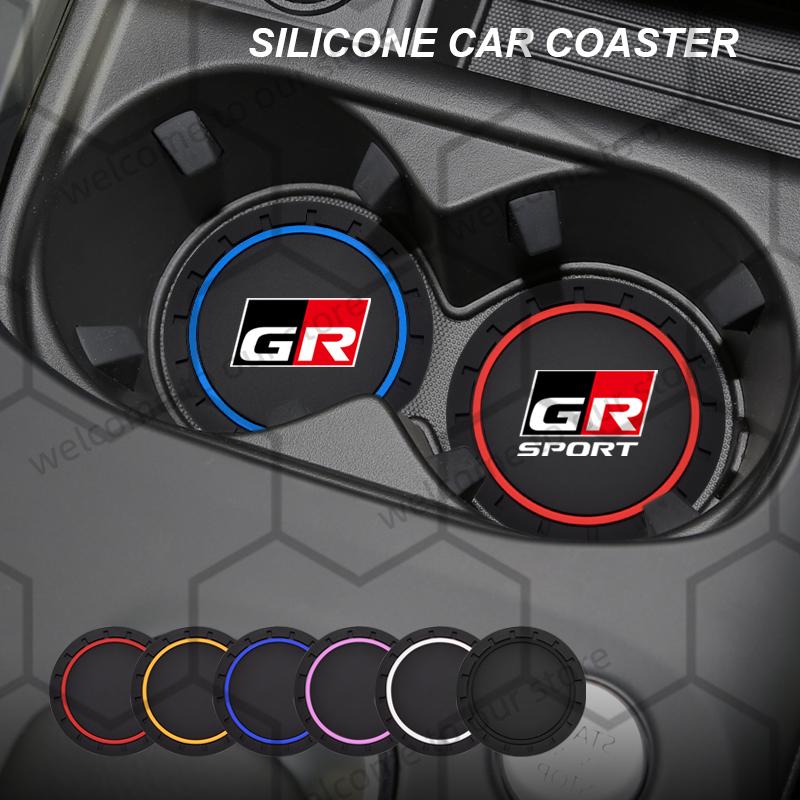 ACS2 2pcs For Toyota GR Sport RAV4 Yaris Camry Corolla C-HR Emblem Car Coaster Water Cup Slot Non-Slip Pad Auto Interior Accessories