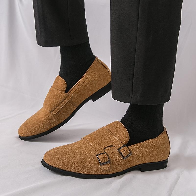 New Arrival Designer Men's Suede Leather Wedding Dress Shoes Male Pointed Driving Monk Strap Loafers Zapatos Hombre