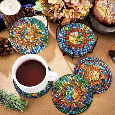 Special Shape Diamond Painting Coasters Kits Sun Stain Glass 6PCS Full Drill Diamond Coaster Dolphin Stain Glass Bee Stain Glass