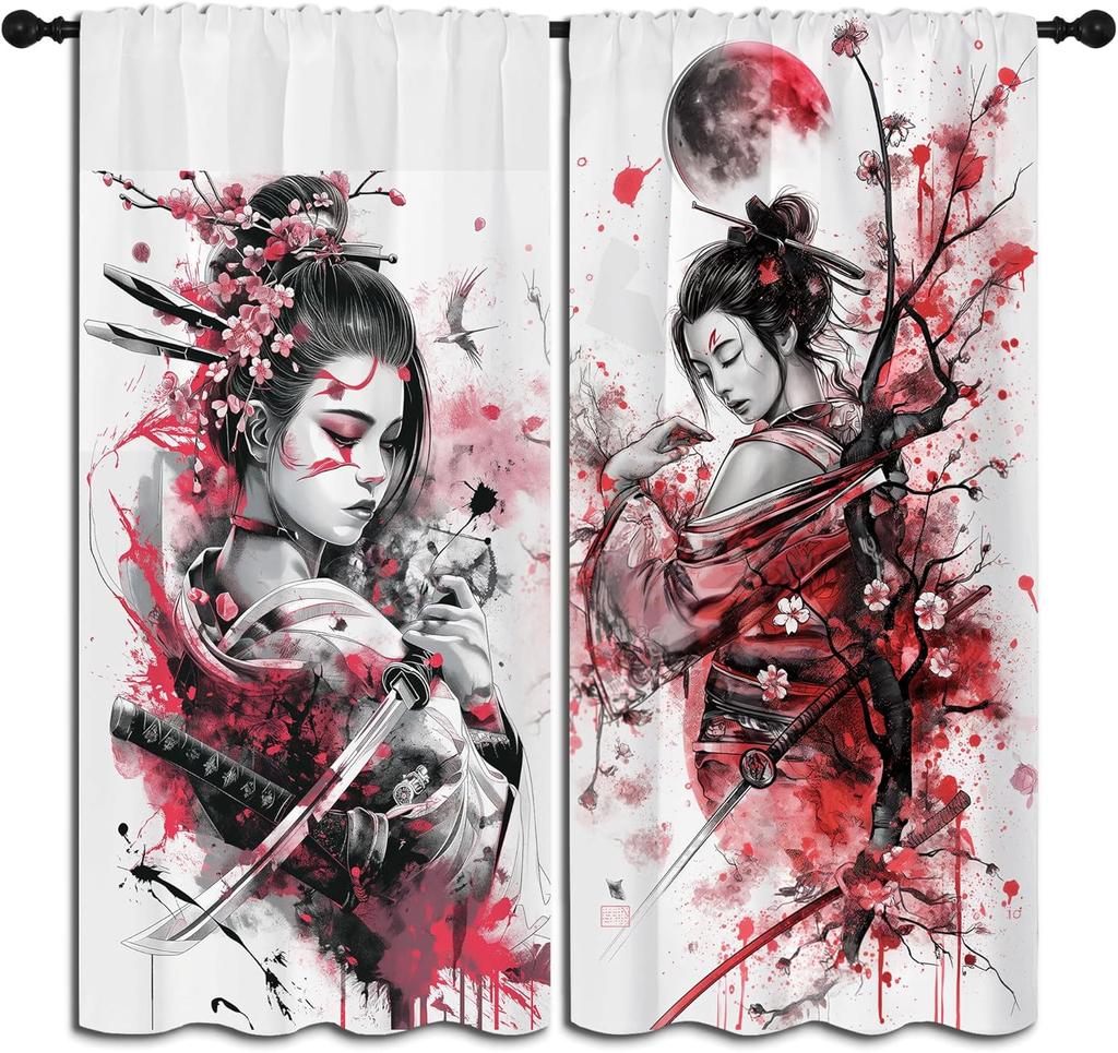 Modern Anime Curtains Boys Girl Bedroom Decor Japanese Cherry Blossom Female Samurai Thermal Insulated Curtain Blackout For Sleeping Area Polyester