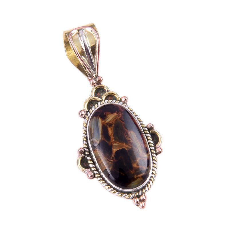 Natural Pietersite Gemstone 925 Solid Sterling Silver TwoTone Pendant 1.50" O3A97