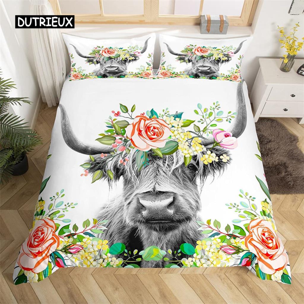 Highland Cow Bedding Set Polyester Bull Cattle Flowers Quilt Cover Western Wild Animal Duvet Cover Farmhouse Cow Bedspread Cover