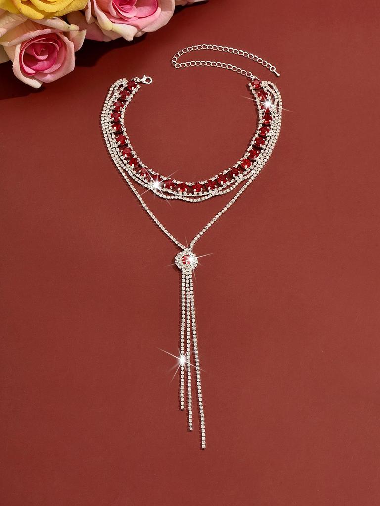 2026 Rhinestone Double Layer Crystal Choker & Long Y-Shaped Tassel Necklace for Women - Retro Evening Style