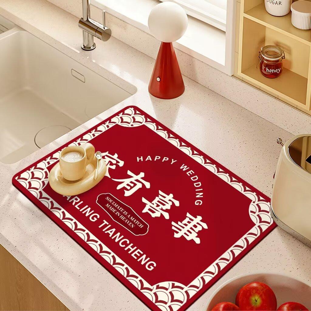 Wedding Drain Mat Red Festive Absorbent Soiled Mat Wash Table Technology Velvet Absorbent Coaster Bowl Mat