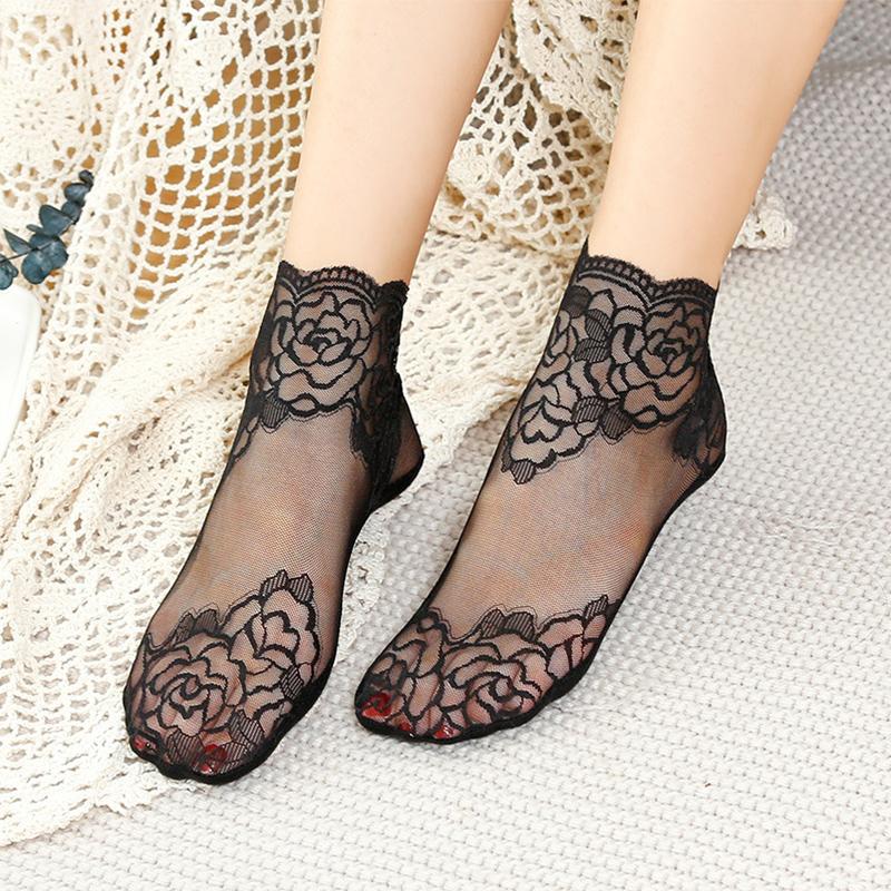 Socks Women's Lolita Lace Fashion Transparent Invisible Thin Cotton Non-Slip Short Ankle Black White Print Ruffles Boat Sock