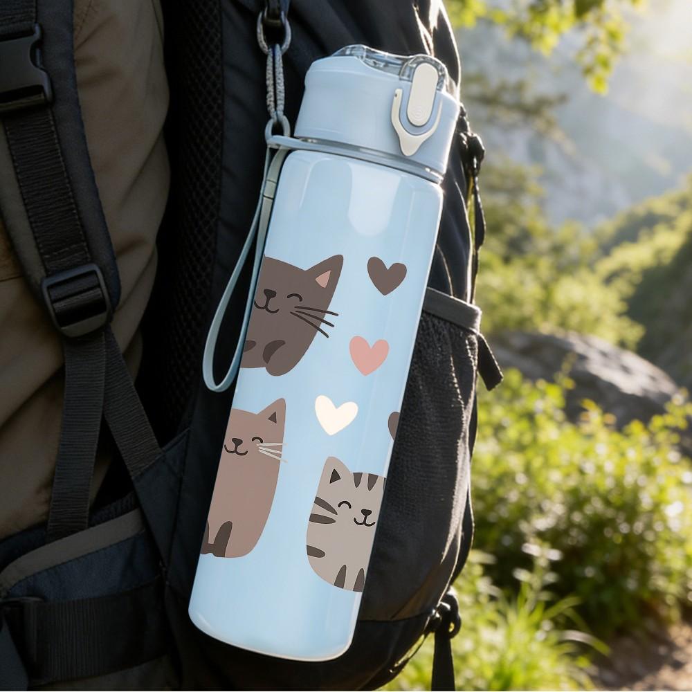 1PC Grey Cat Heart Patchwork Pattern 750ml Color Plastic Sports Water Bottle Leakproof Flip Straw Lid Suitable for Sports Office Home Use