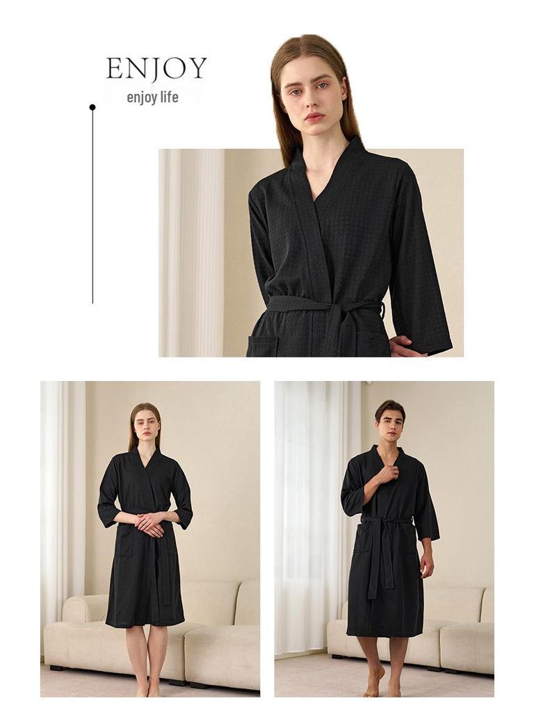 Women's Plus Size Quick-Dry Black Waffle Bathrobe with Three-Quarter Sleeves - Summer Thin