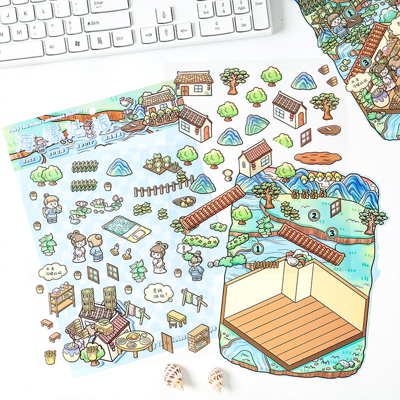3Pcs Scenes Cartoon Landscape Sticker Pack Forest Village DIY 3D Stickers Cabin Scene Pocket Birthday Gift for Kid Child Student
