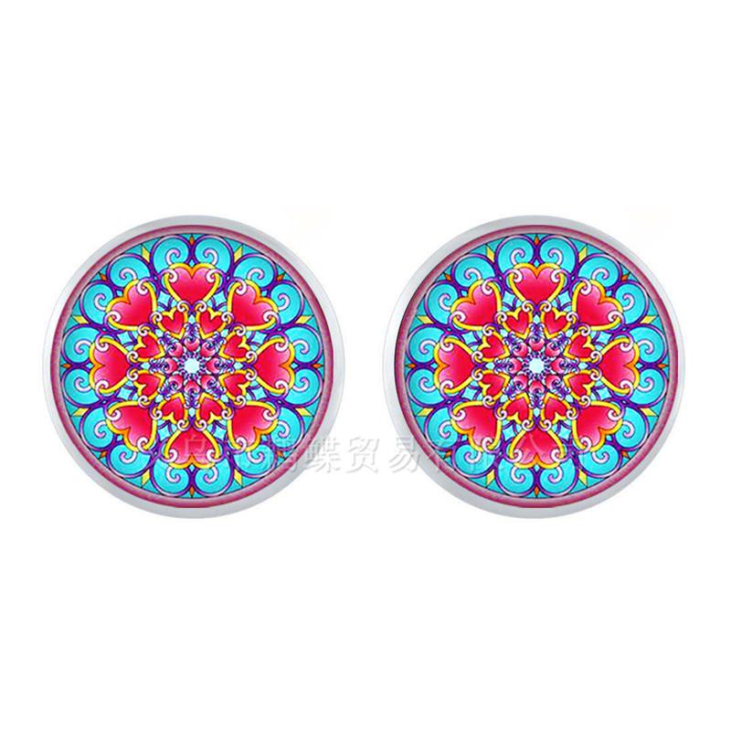 Enamel Mandala Lotus Earrings Henna Yoga Jewelry Stud Earrings For Women Charm Art Picture OM Symbol Buddhism Zen Glass Jewelry