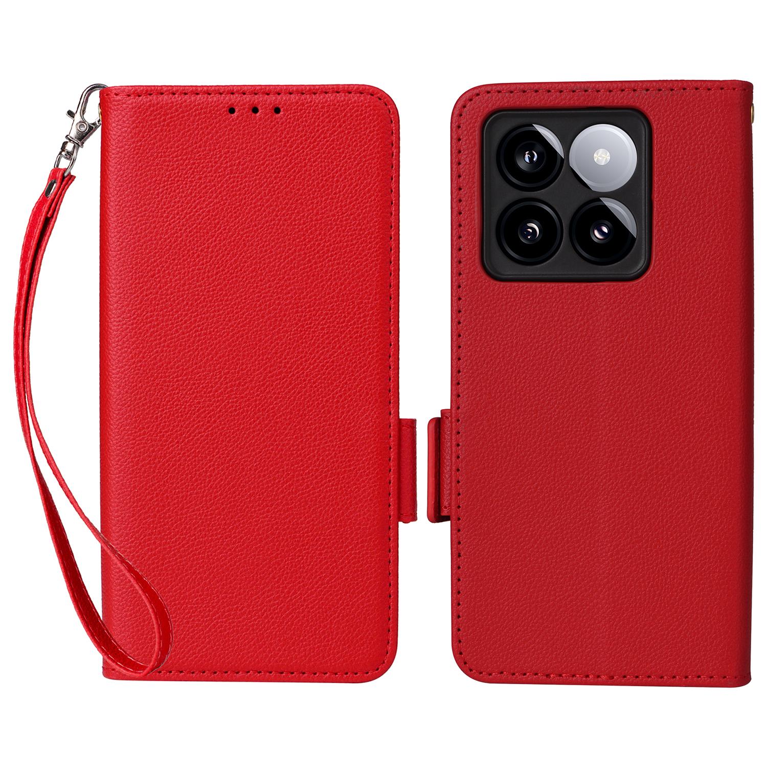 

For Xiaomi 14T Case with Wrist Strap Litchi Texture PU Leather Wallet Phone Cover Red