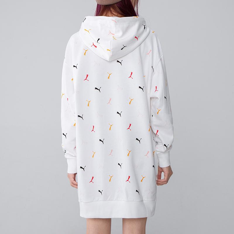 Puma Logo All Over Print Breathable Loose Casual Hooded Long Sleeve Dress Women Dresses White 531648-02
