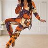 Women Plus Size Printed Half Zip Long Sleeve Longline Top Fitted Pants Two Piece Set