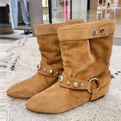 Autumn Winter Women's Brown Western Boots Fashion Metal Belt Rivet Buckle Casual Flat Shoes Ankle Booties De Mujer