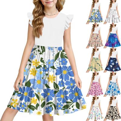 Summer Children's Dress Girls Printed Flowers Casual Cute Round Neck Princess Dress