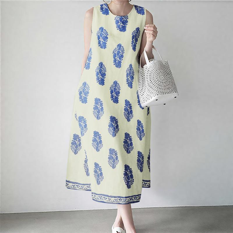 

ZANZEA Женское повседневное летнее платье-майка с принтом, без рукавов, с круглым вырезом 4XL синий