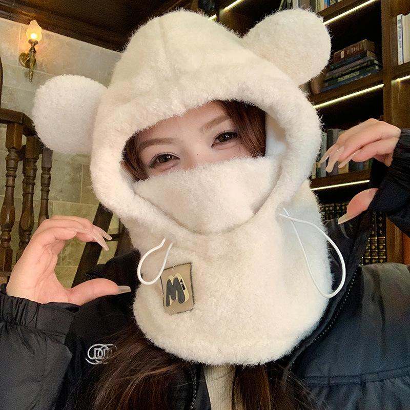 Cute winter thickened plush bear hat mask integrated women's autumn and winter cold protection ear protection cycling hat