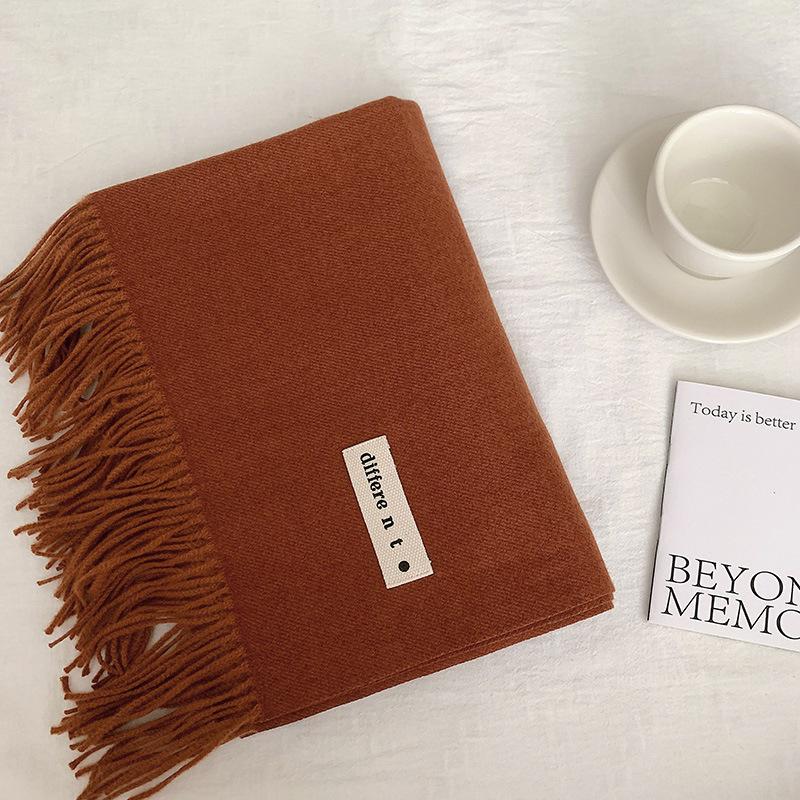 Flowing Fringe, Color-blocked, Simple Design, Faux Cashmere-like Scarf, Winter-thick, Cape-style, Student-friendly, Solid Color.