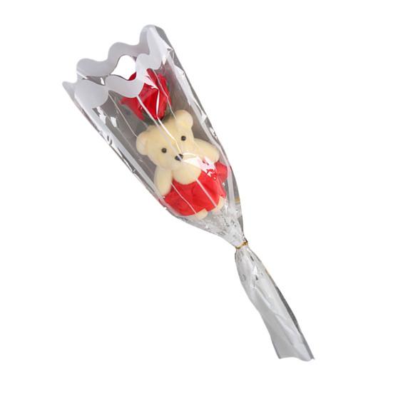 Valentine's Rose Flower Bouquet with Bear Single Soap Flower with Plush Bear Artificial Rose Bouquet Gifts for Weddings Anniversaries