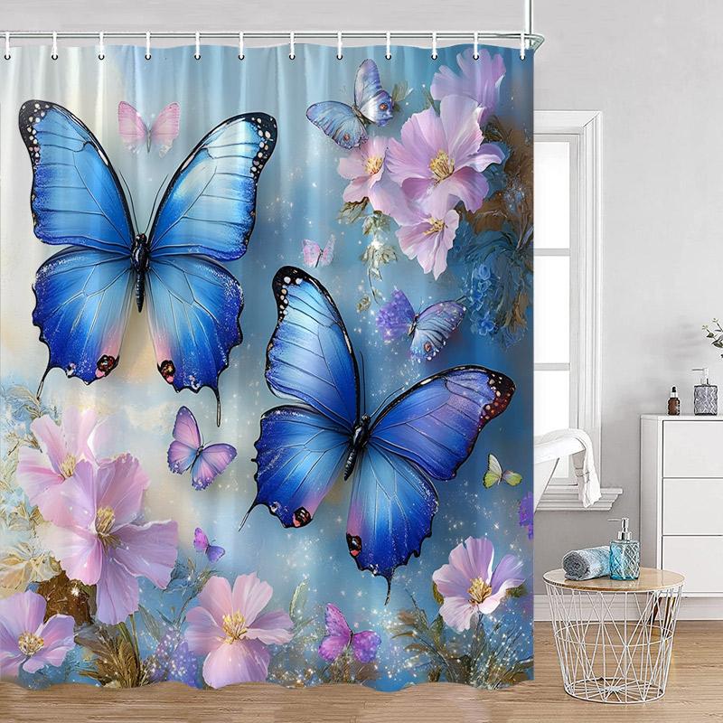 Luxury Gold White Floral Shower Curtain Rose Butterfly Cherry Blossom Modern Art Flower Polyester Fabric Bathroom Curtains Dec