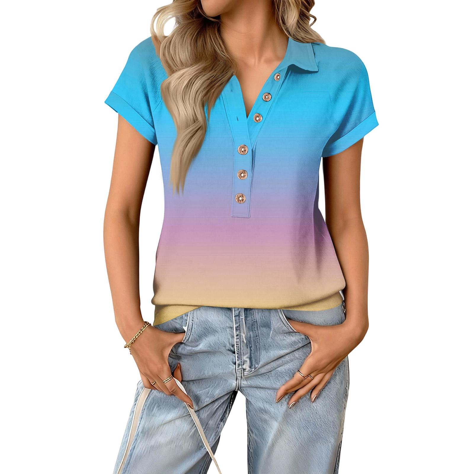 

Women s fashionable and casual summer V,neck patchwork short,sleeved gradient top S