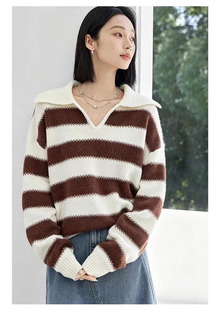 Korean Style Color Block Striped Wool Knit Pullover - Women's Loose Long Sleeve Sweater for Autumn/Winter