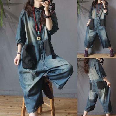 Ženy Kombinézy Overaly Denim Jeans Nohavice po členky Jar Vintage Žena Voľné Ležérne Spojované vrecká