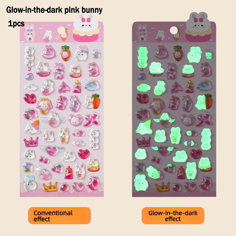 3D Cartoon Relief Stickers: Glow-in-the-Dark Glitter Crystal – Glow-in-the-Dark Pink Bunny/Ghost/Penguin