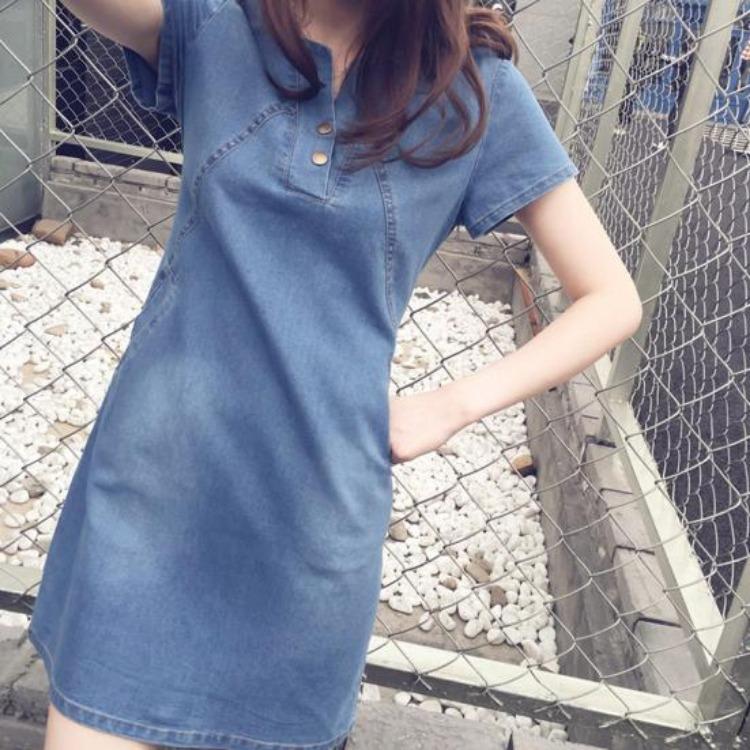 Vestido Casual Jeans Elegante Feminino de Verão com Gola O e Manga Curta Costurado para Uso Diário