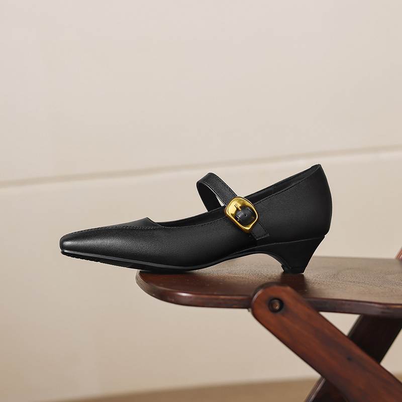 Krazing Pot Microfiber Square Toe Thick Med Heels Spring Summer Shoes Big Size 43 Metal Buckle Women Office Lady Pumps
