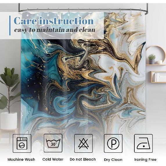 Teal and Gray Marble Shower Curtain Abstract Turquoise Gold Shower Curta for Bathroom Decor, Waterproof Cloth Fabric with Hooks 70 X 72 Inch