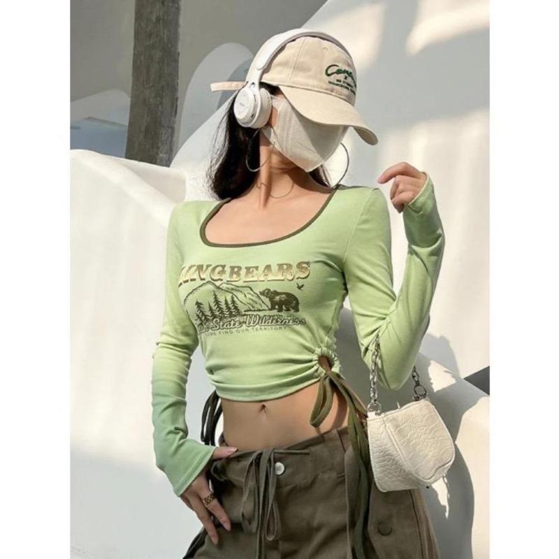 2KWEIRD Print Long Sleeve Tshirts Women Long Sleeve Tunic Summer Tees Crop Tops Bandage Fashion Sexy Y2k T Shirts