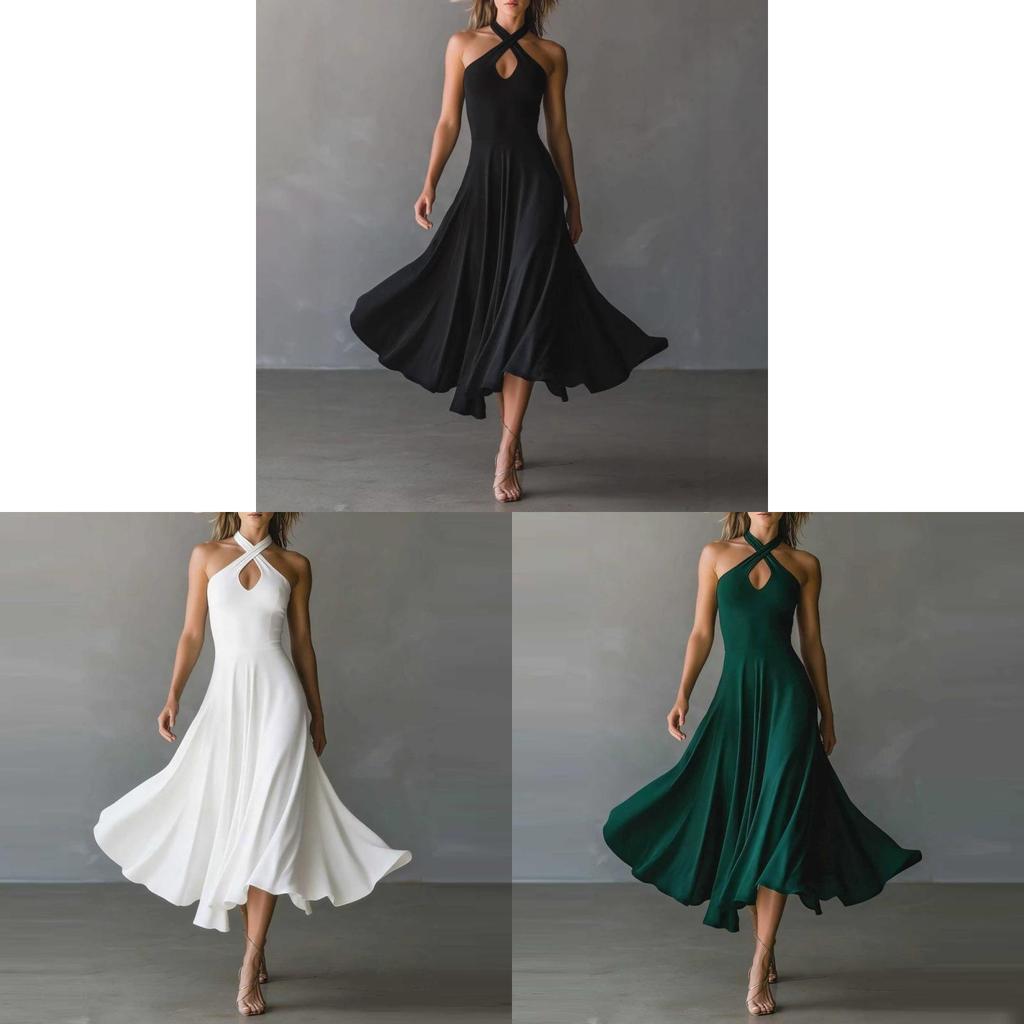 Elegant Vintage Black Lock Hole Backless Halter Aline Long Dress For Summer 2026