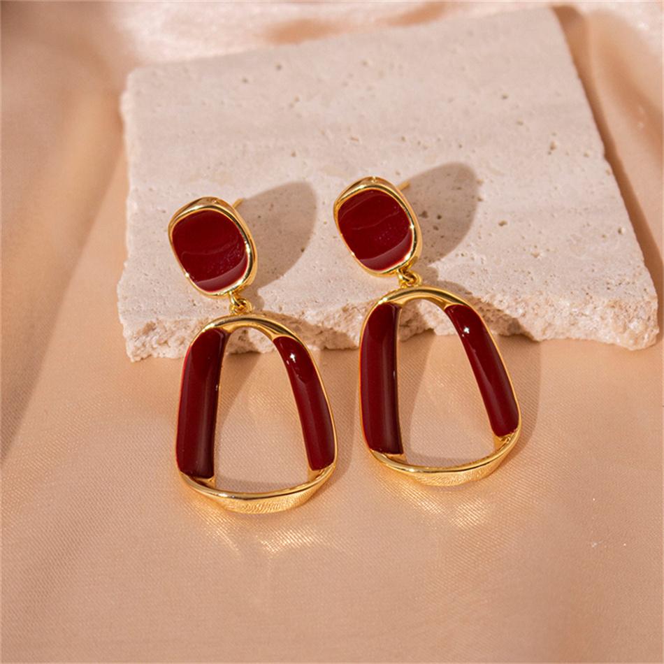 Ancona Red Big Hollow Square Enamel Geometry Drop Earrings Exaggerated Wedding Party Jewelry Accessories Christmas Gift