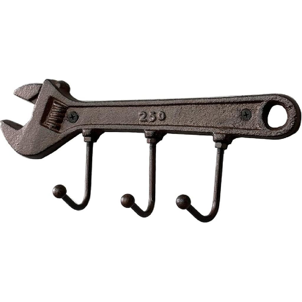 Retro Vintage Key Rack Holder Hooks Cast Iron Wrench Spanner Shape Decorative Wall Mounted Antique Man Cave Garage Tool Holder Coat Hat Rack Hanger