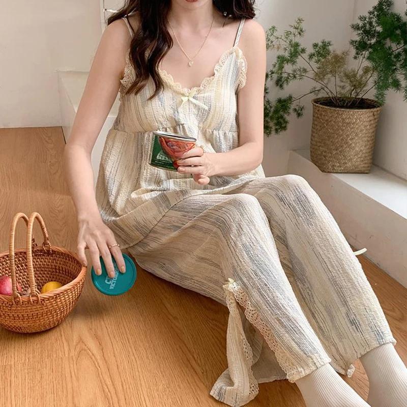 1Set Sling Pajamas Women's Sleeveless Summer Homewear Tie-dye with Chest Pad