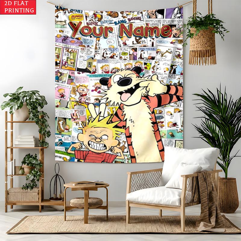 Calvin and Hobbes Custom Name Tapestry Personalized Wall Art Hanging Bohemian Home Decor for Bedroom Dorm Living Room
